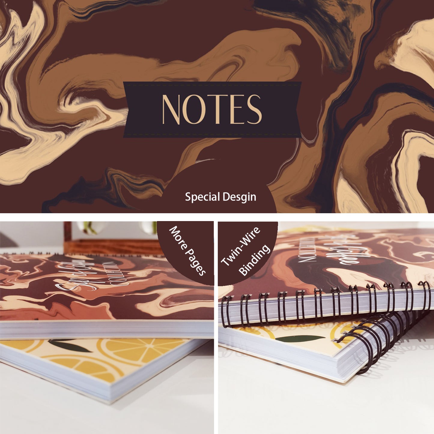 Brown Coffee Marble Notebook (from "Sip of Coffee" Collection) Spiral Lined Notebook, 8.5 x 11in