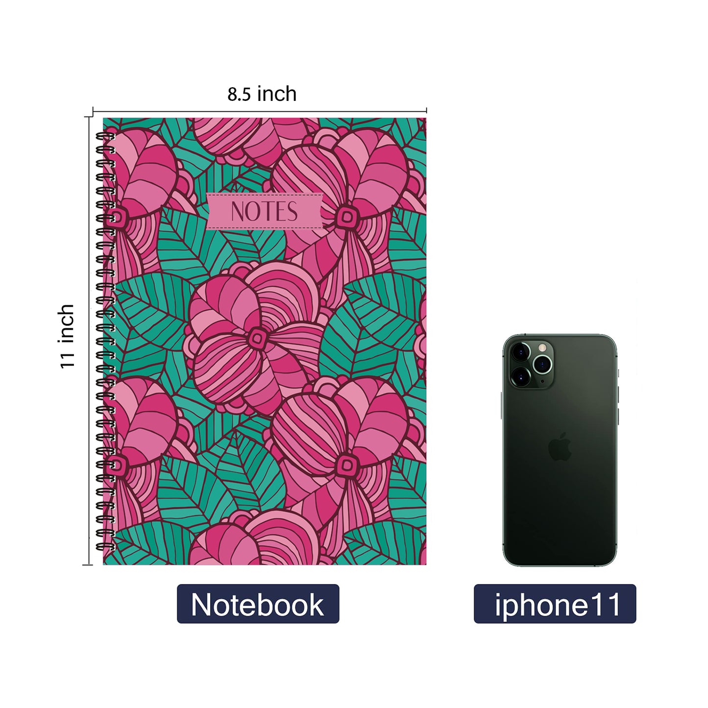 Graphical Flowers with Leaves Spiral Lined Notebook, 8.5 x 11in
