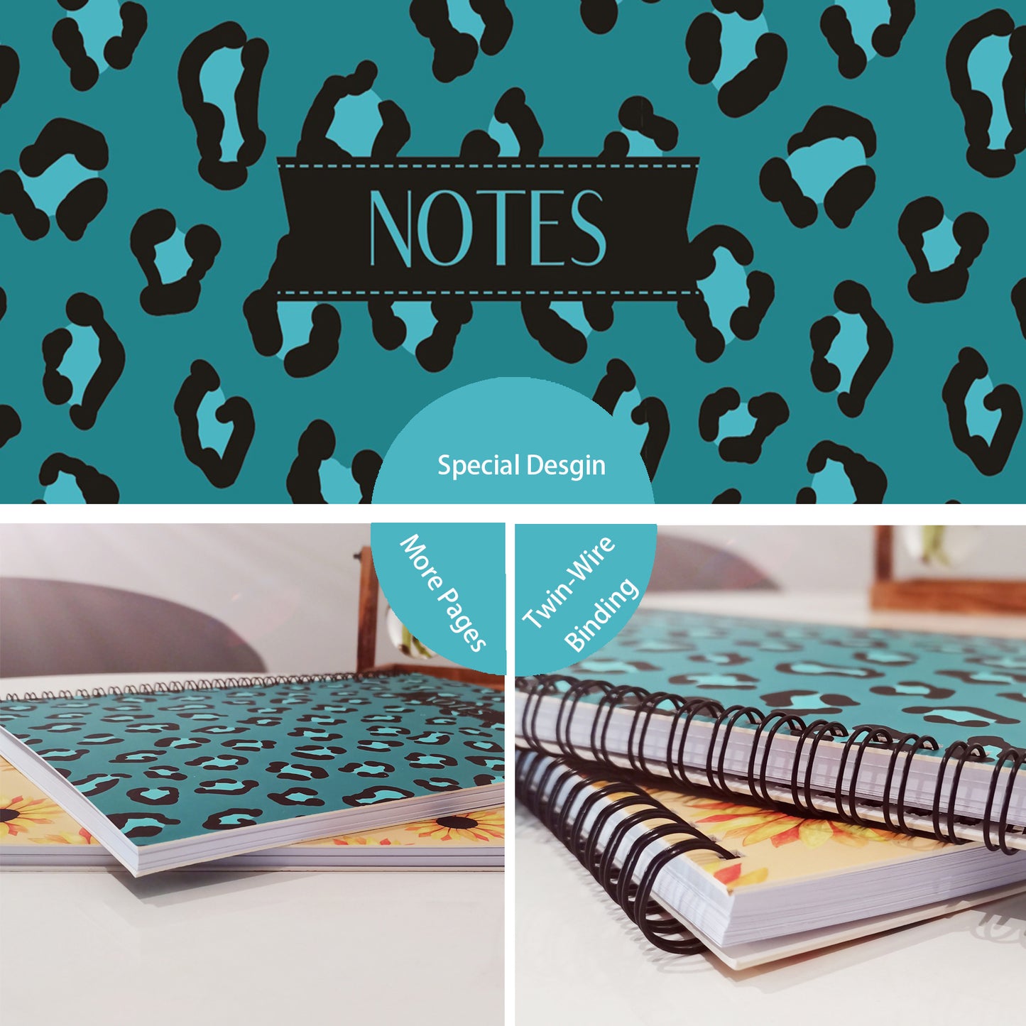 Turquoise Leopard Spiral Lined Notebook, 8.5 x 11in