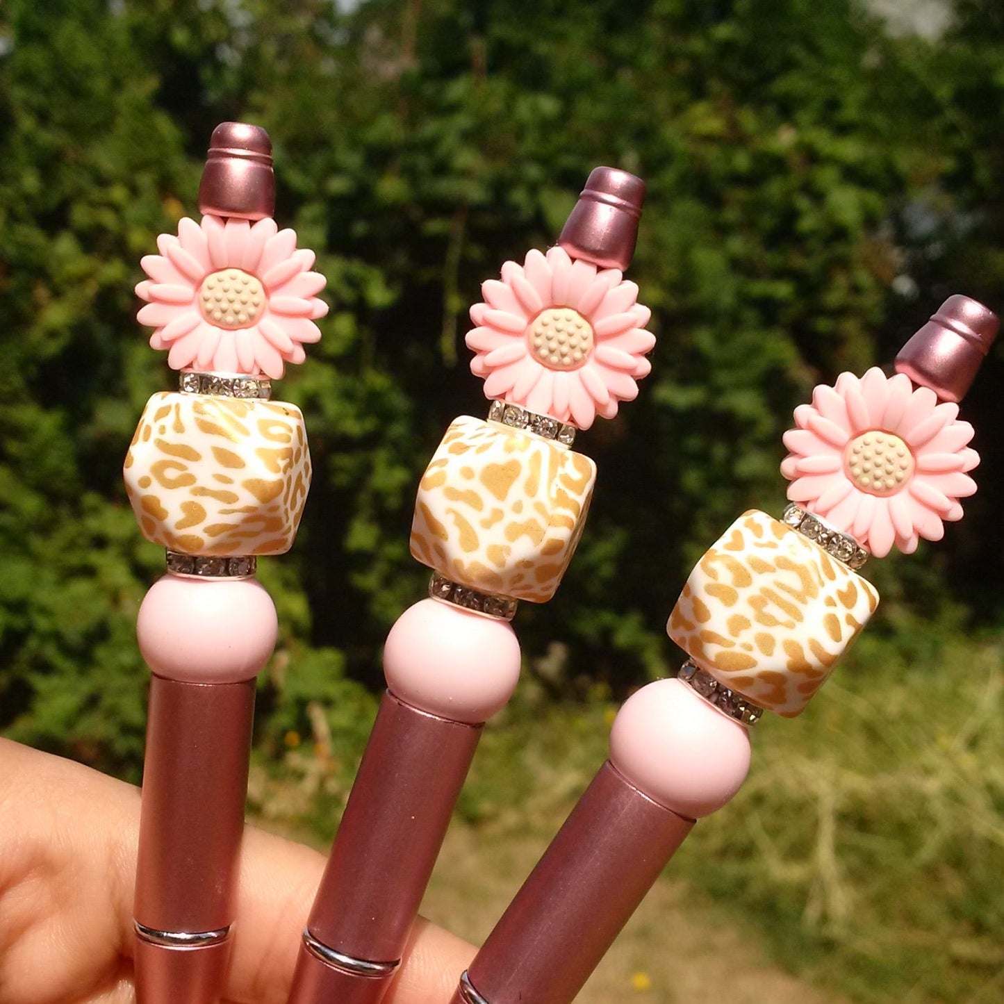 "Roseflower" Pink Flower with Golden Leopard Print Beaded Pen
