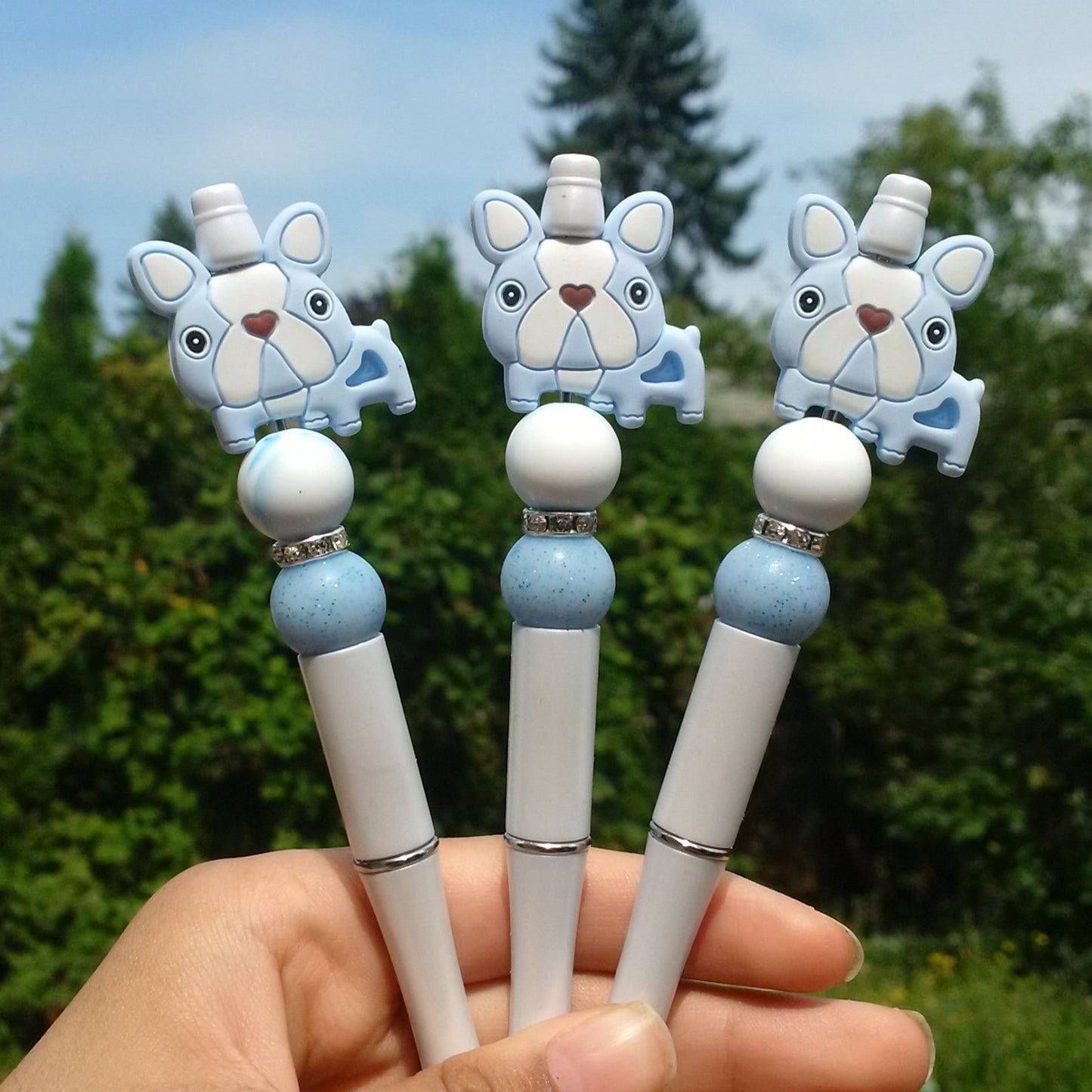 Blue Cute Bulldog Beaded Pen