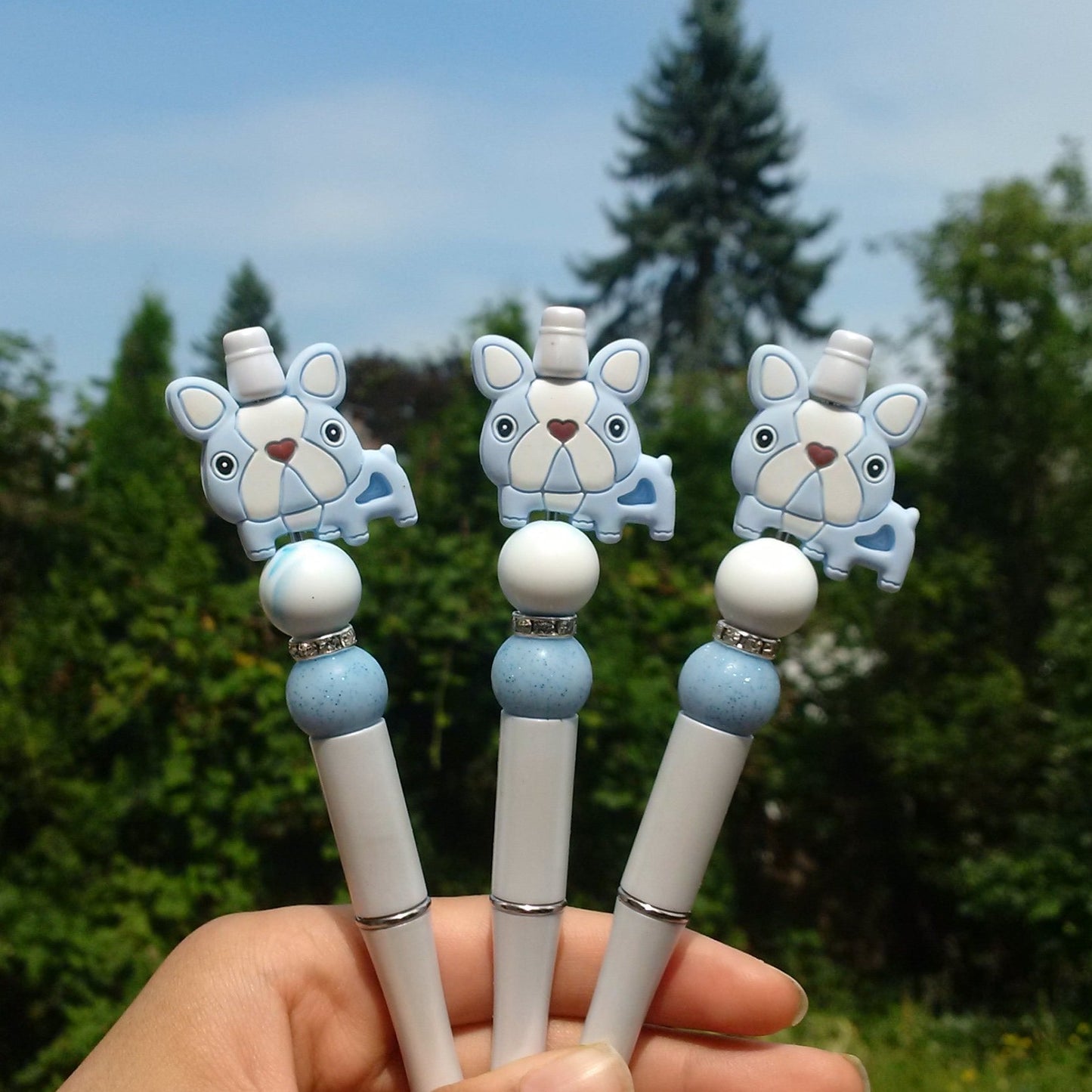 Blue Cute Bulldog Beaded Pen