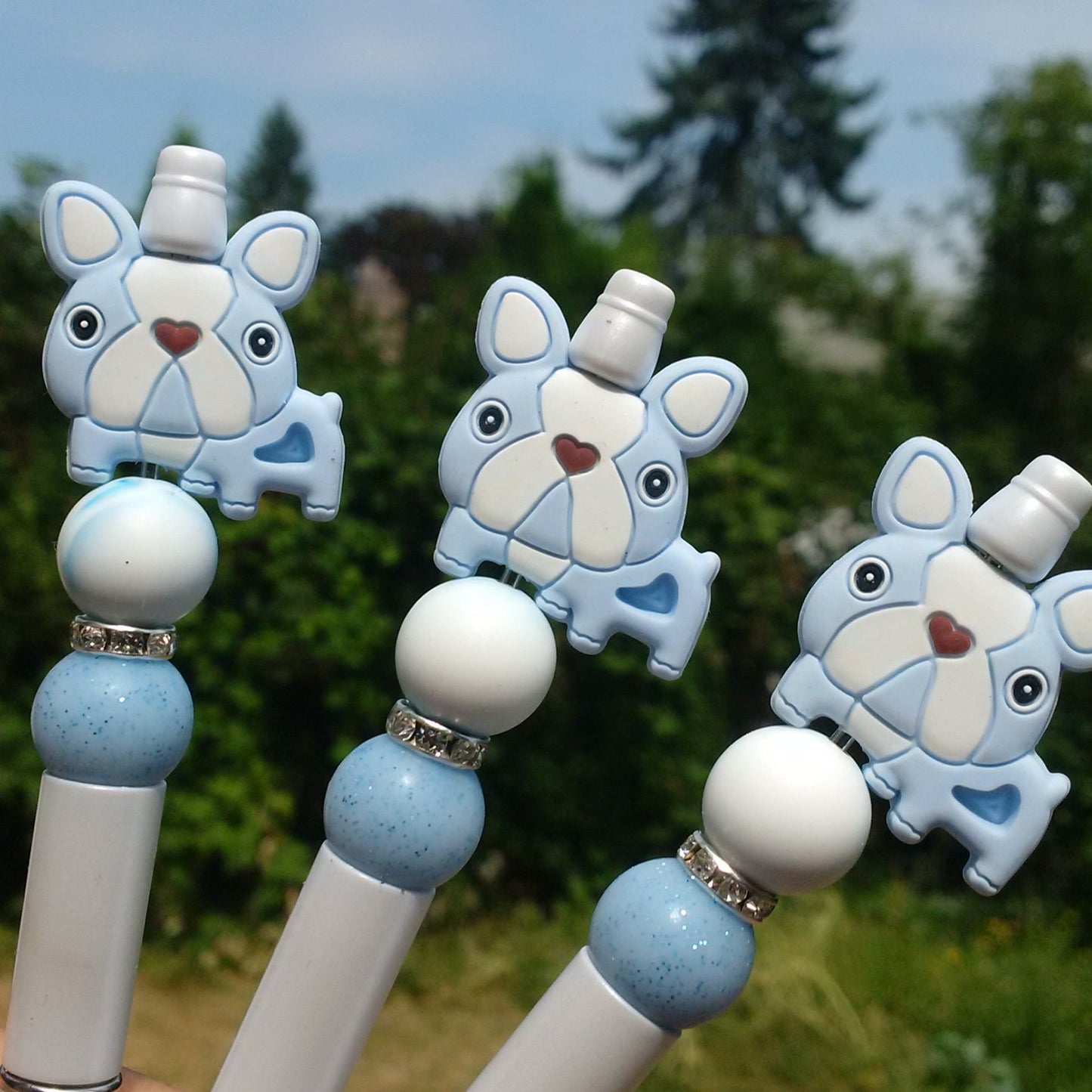 Blue Cute Bulldog Beaded Pen