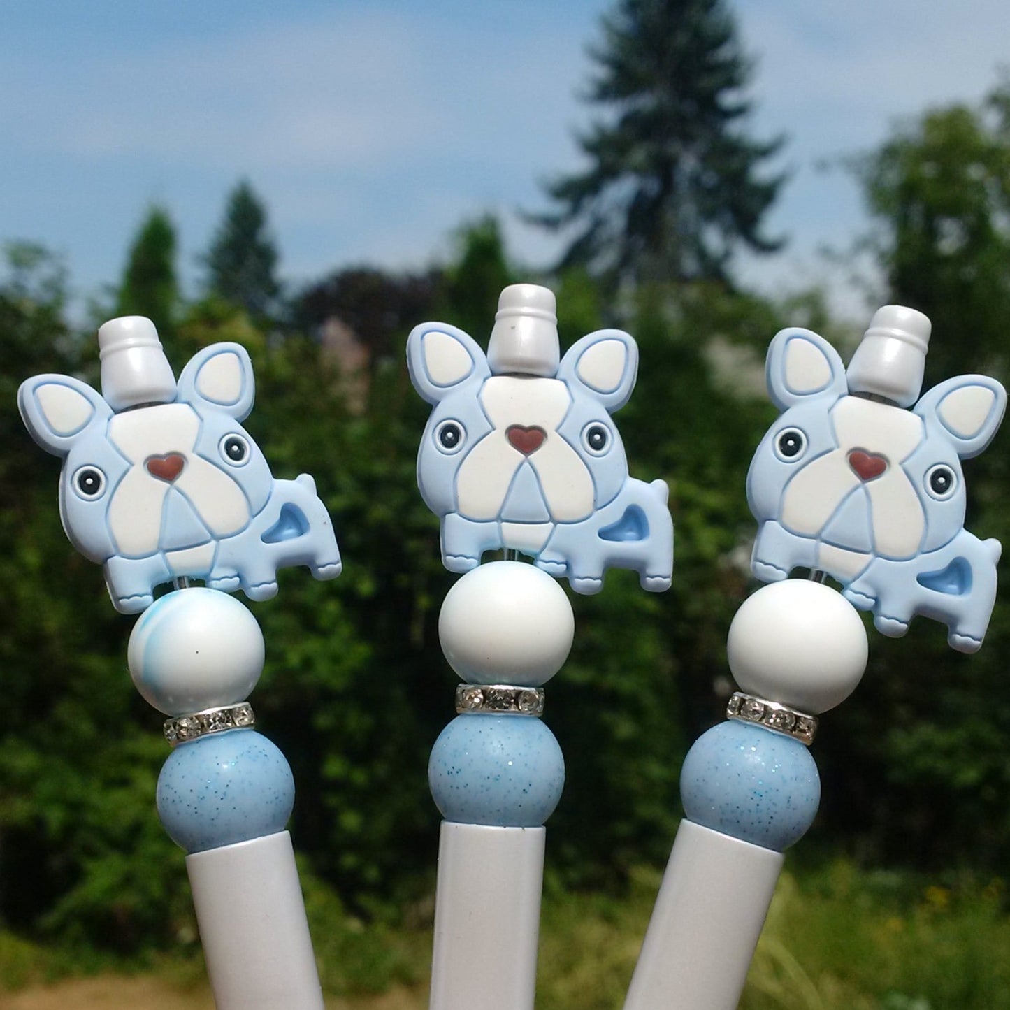 Blue Cute Bulldog Beaded Pen
