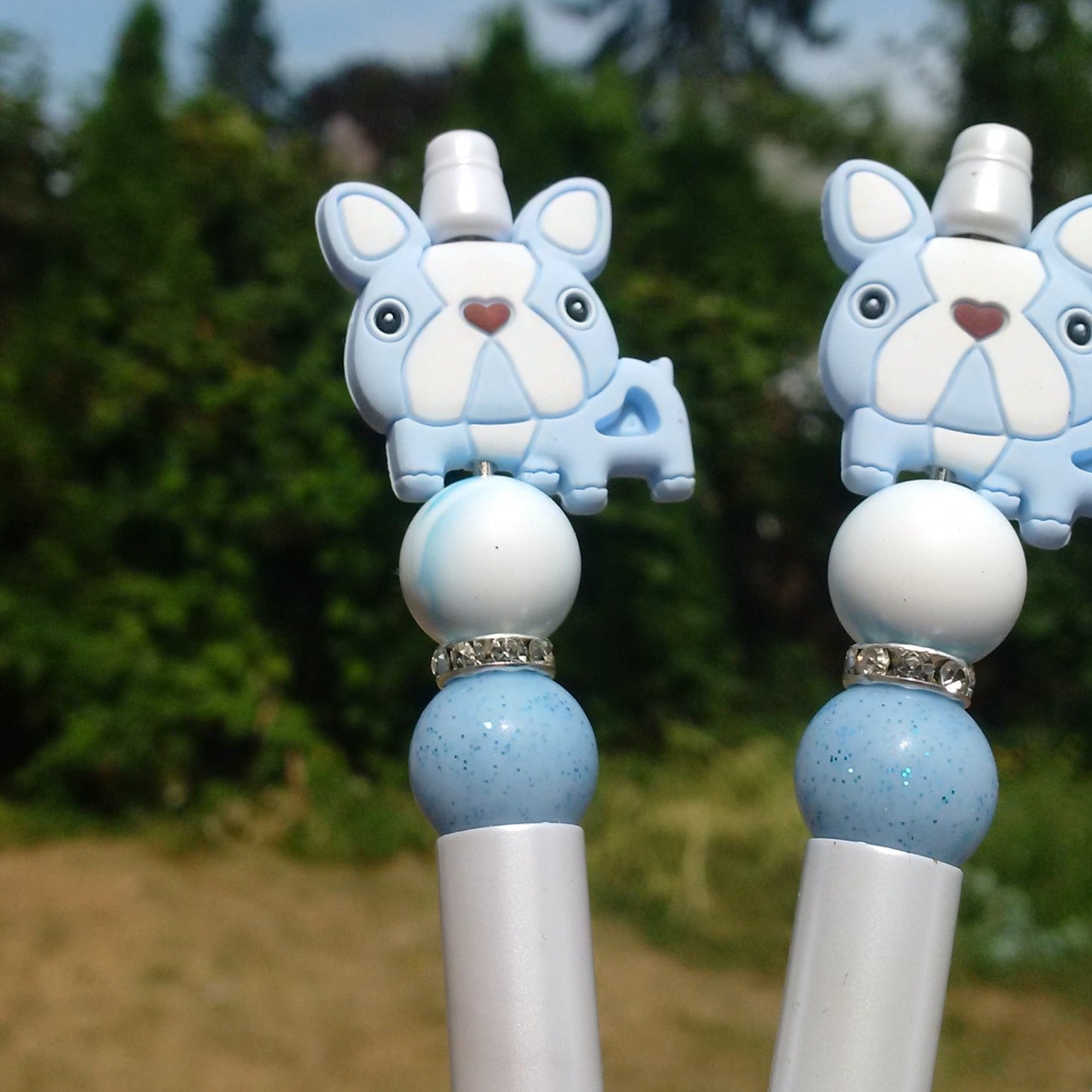 Blue Cute Bulldog Beaded Pen
