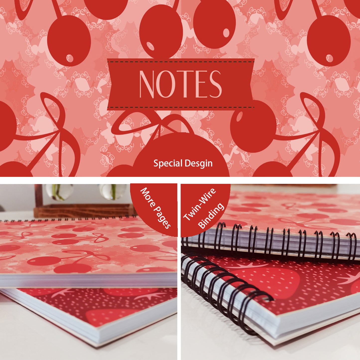 Cherry Spiral Lined Notebook, 8.5 x 11in