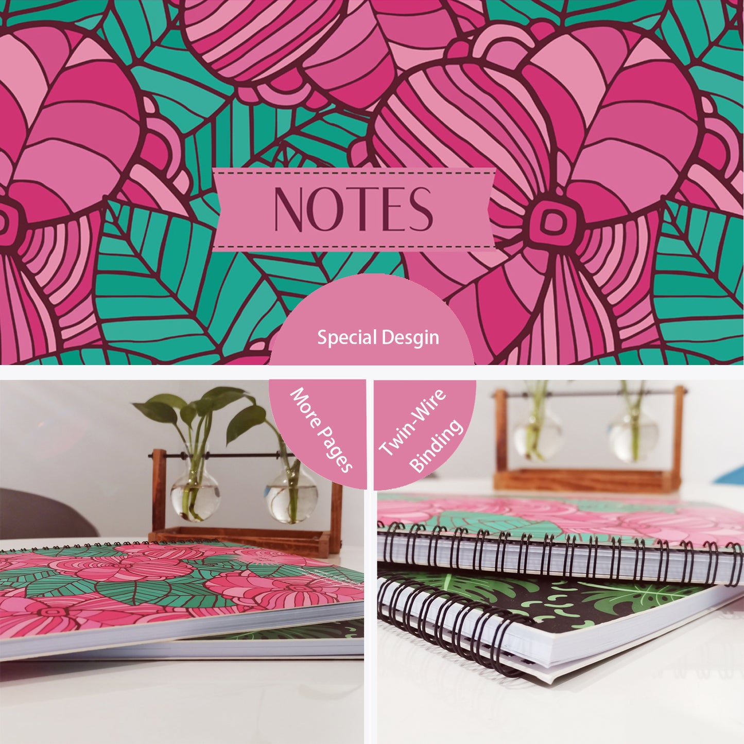 Graphical Flowers with Leaves Spiral Lined Notebook, 8.5 x 11in