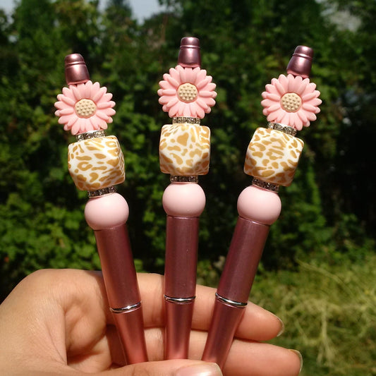 "Roseflower" Pink Flower with Golden Leopard Print Beaded Pen