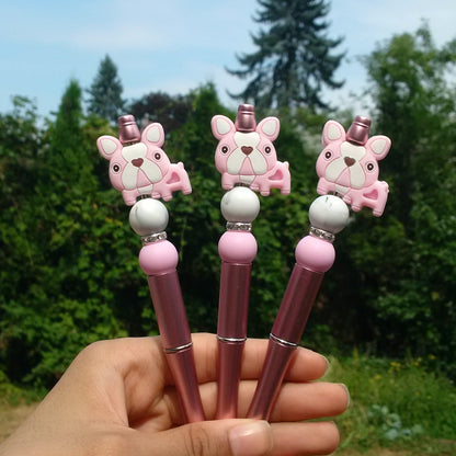 Pink Cute Bulldog Beaded Pen