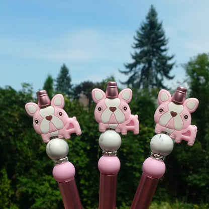 Pink Cute Bulldog Beaded Pen