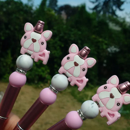 Pink Cute Bulldog Beaded Pen