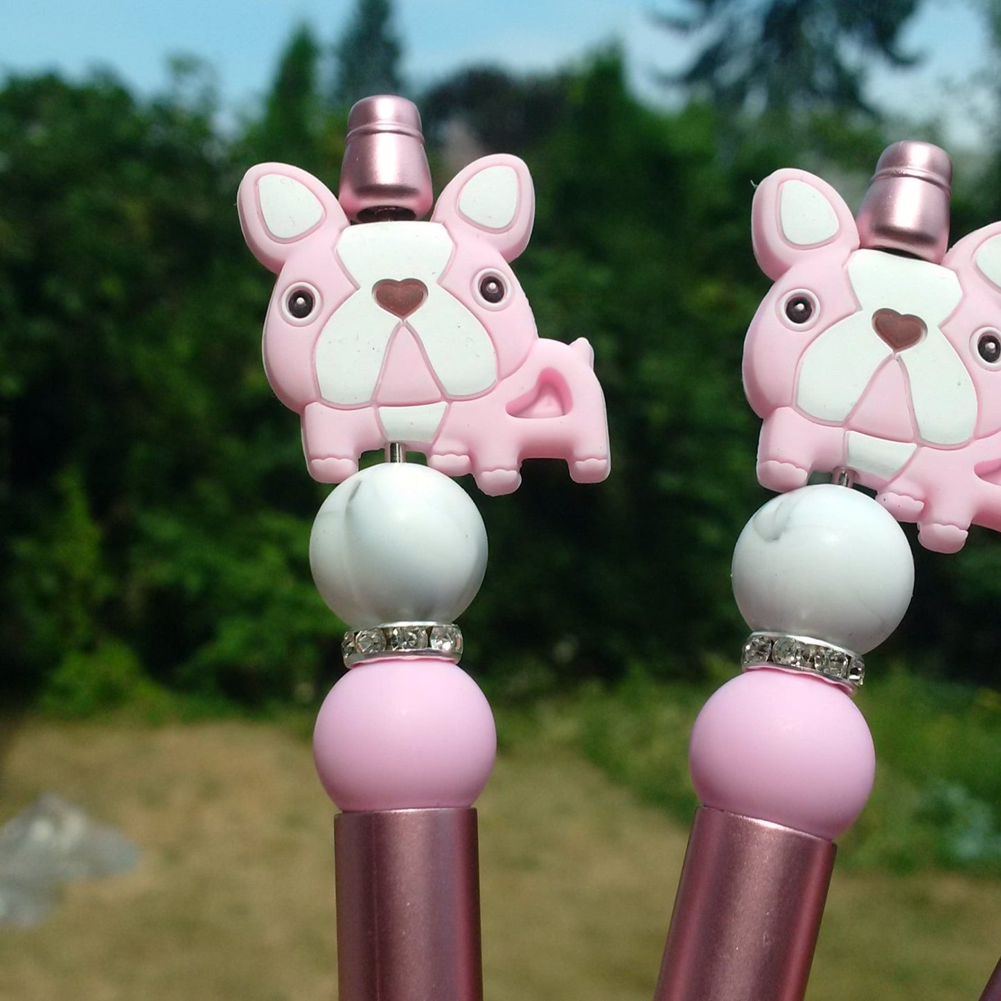 Pink Cute Bulldog Beaded Pen