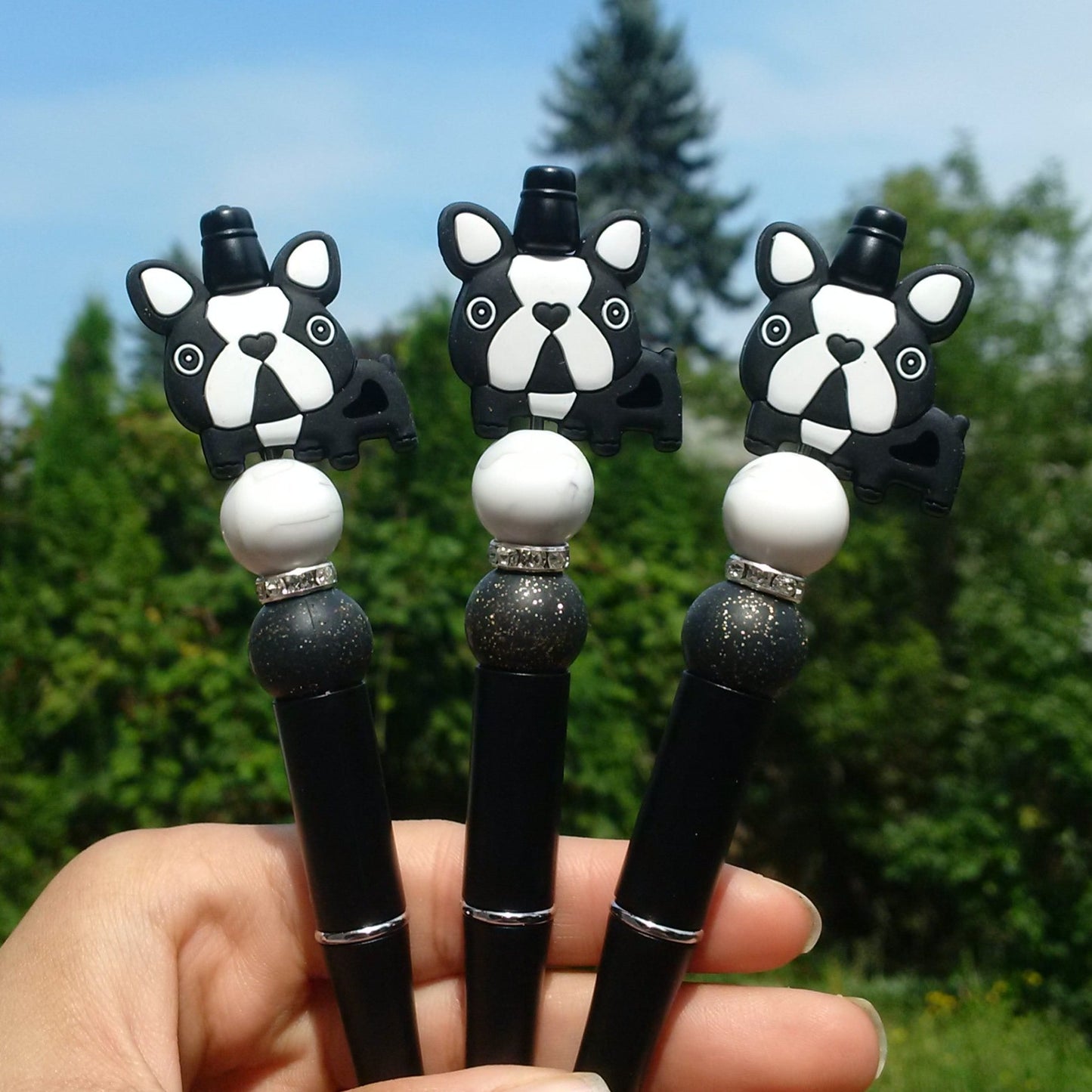 Black Cute Bulldog Beaded Pen